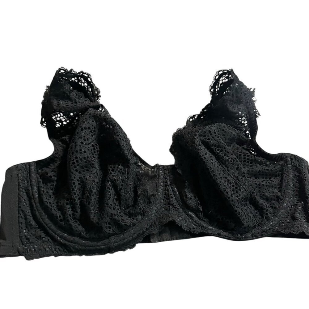 Cacique Unlined Balconette Underwire Bra Wide Shoulder Sheer Ruffle Sexy 44DD